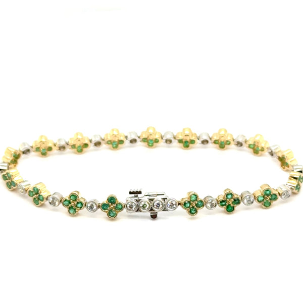 14kt Two Tone Clover Pattern Emerald And Diamond Link Bracelet