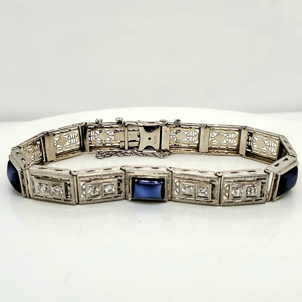 Art Deco 14Kt White Gold Filigree Sapphire Bracelet