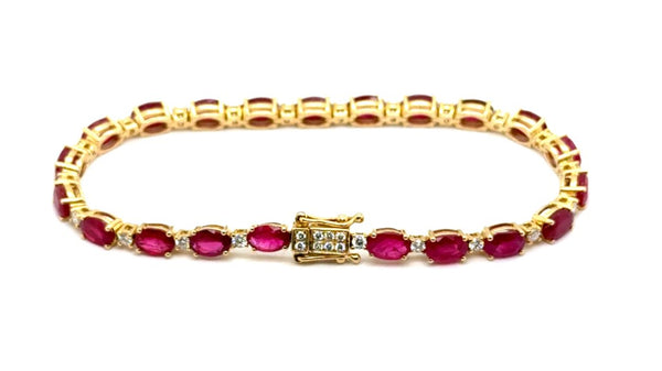 14kt Yellow Gold 12.75Ctw Straight Line Ruby And Diamond 7"" Tennis Bracelet