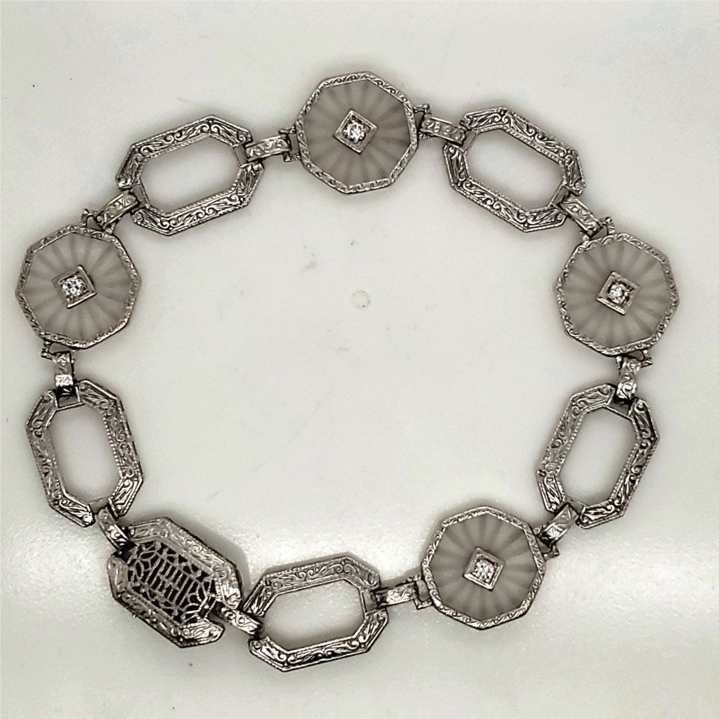 Art Deco 14kt White gold Camphor Glass and Diamond Bracelet