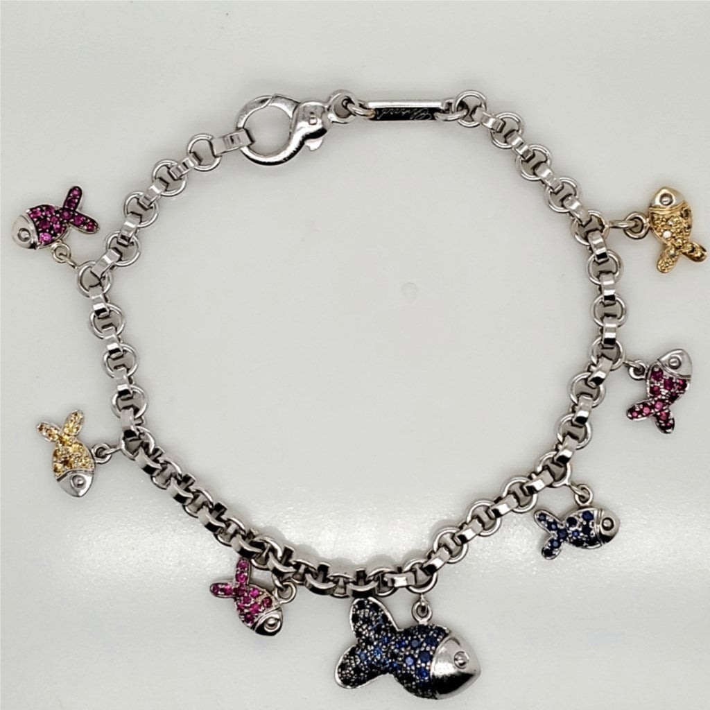 Pre-Owned Chopard 18Kt White Gold Diamond and Sapphire Fish Charm Bracelet