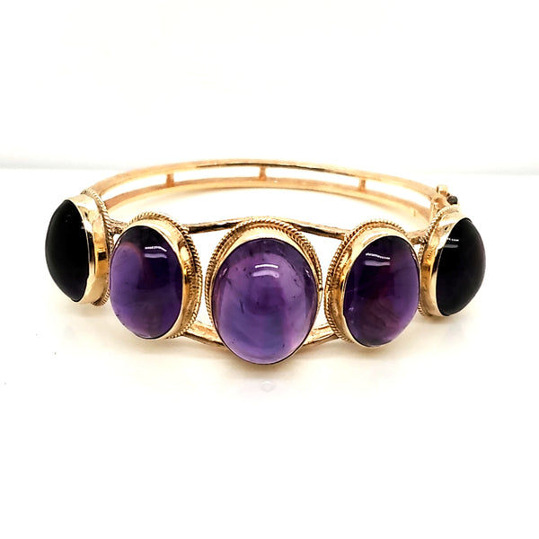 Vintage 14kt Yellow Gold Cabochon Cut Amethyst Bangle Bracelet