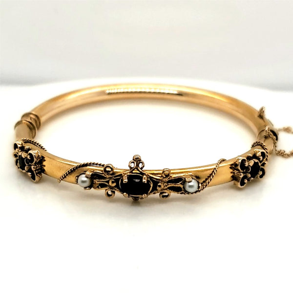Vintage 14kt Yellow Gold Garnet and Pearl Hinged Bangle Bracelet