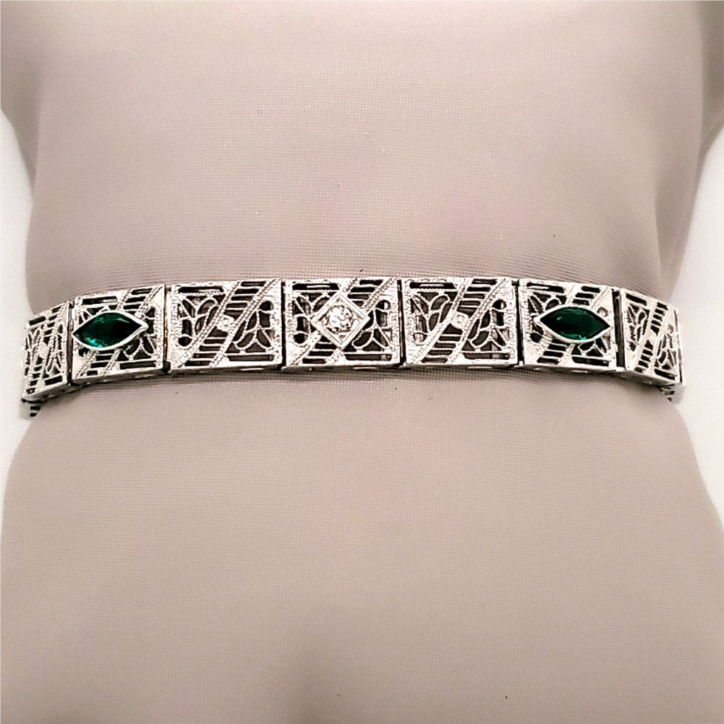Art Deco14kt White Gold Diamond and Emerald Filigree Bracelet