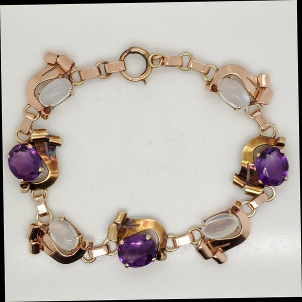 Vintage 1940s Retro 14kt Yellow and Rose Gold Amethyst and Moonstone Link Bracelet