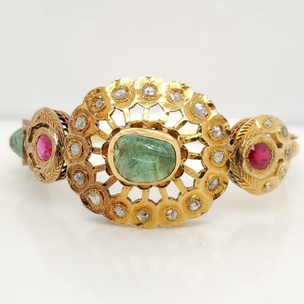 Vintage 18kt Yellow Gold Emerald Ruby and Diamond Bangle Bracelet