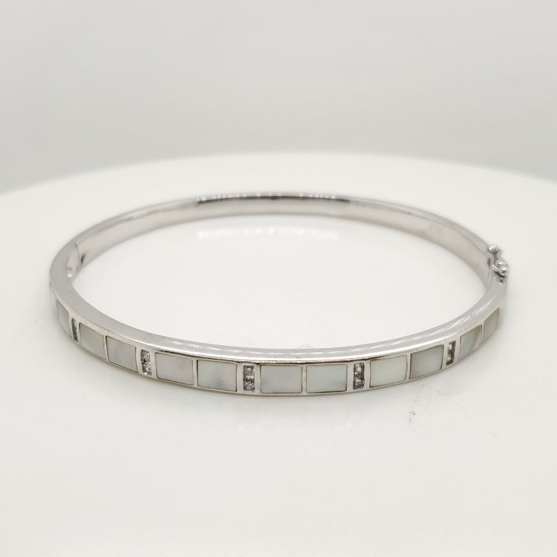 14Kt White Gold Kaban Mother Of Pearl and Diamond Bangle Bracelet