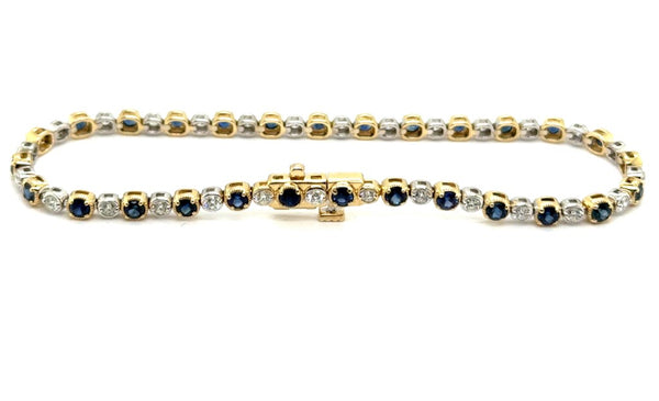 3.15Ctw 14kt Two Tone 7"" Alternating Sapphire And Diamond Tennis Bracelet