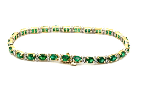 6.47Ctw 14Kt Yellow And White Gold Emerald And Diamond Tennis Bracelet