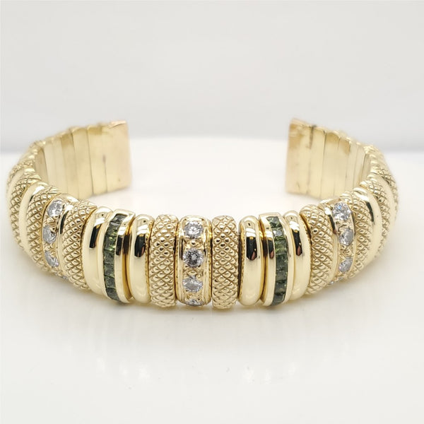 18kt Yellow Gold Diamond and Green Tourmaline Cuff Bracelet