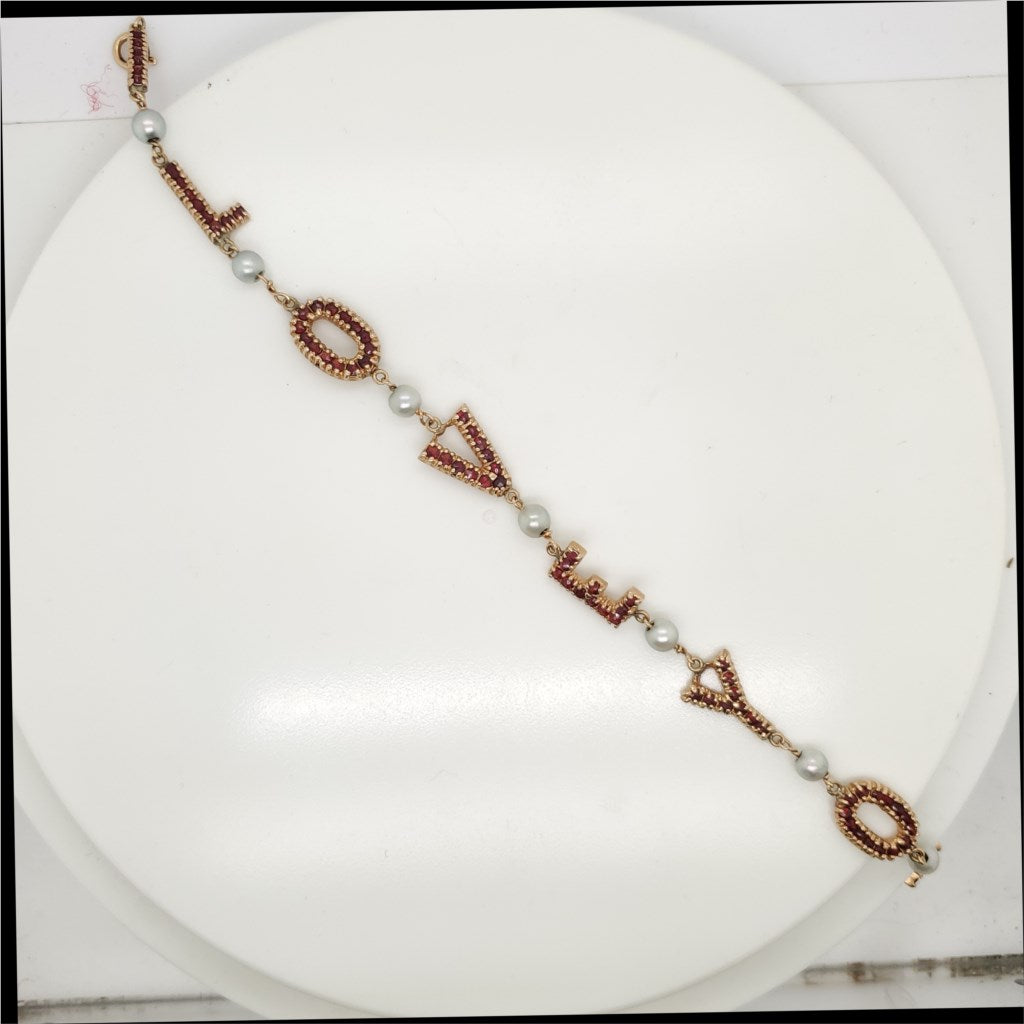 Vintage 14kt Yellow Gold Garnet and Pearl I Love You Bracelet