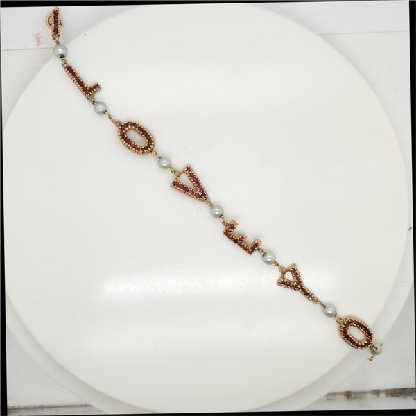 Vintage 14kt Yellow Gold Garnet and Pearl I Love You Bracelet