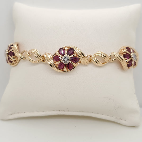 Vintage Retro 14kt Yellow Gold Ruby and Diamond Link Bracelet