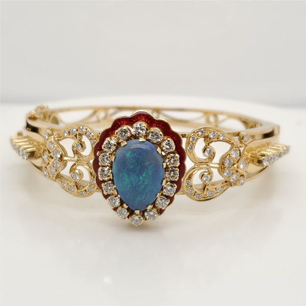 Vintage 18kt Yellow Gold Opal and Diamond Bangle Bracelet