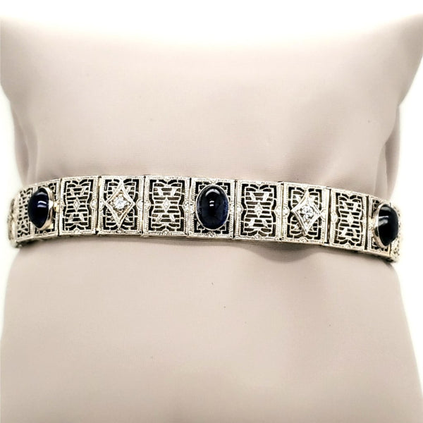 Art Deco Platinum on 18kt Yellow Gold Diamond and Sapphire Filigree Bracelet