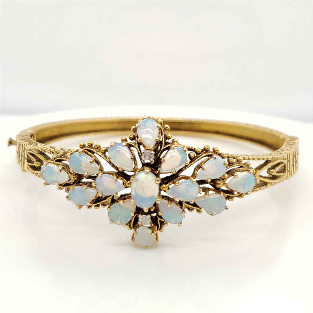 Vintage 14kt Yellow Gold Opal and Diamond Bangle Bracelet