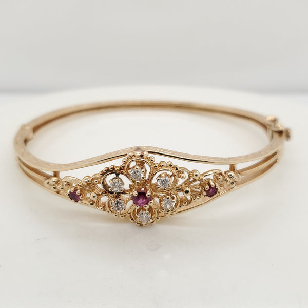 Vintage 14kt Yellow Gold Ruby and Diamond Filigree Bangle Bracelet