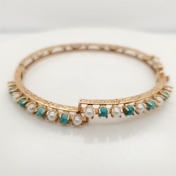 Vintage 14Kt Gold Turquoise and Pearl Bangle Bracelet