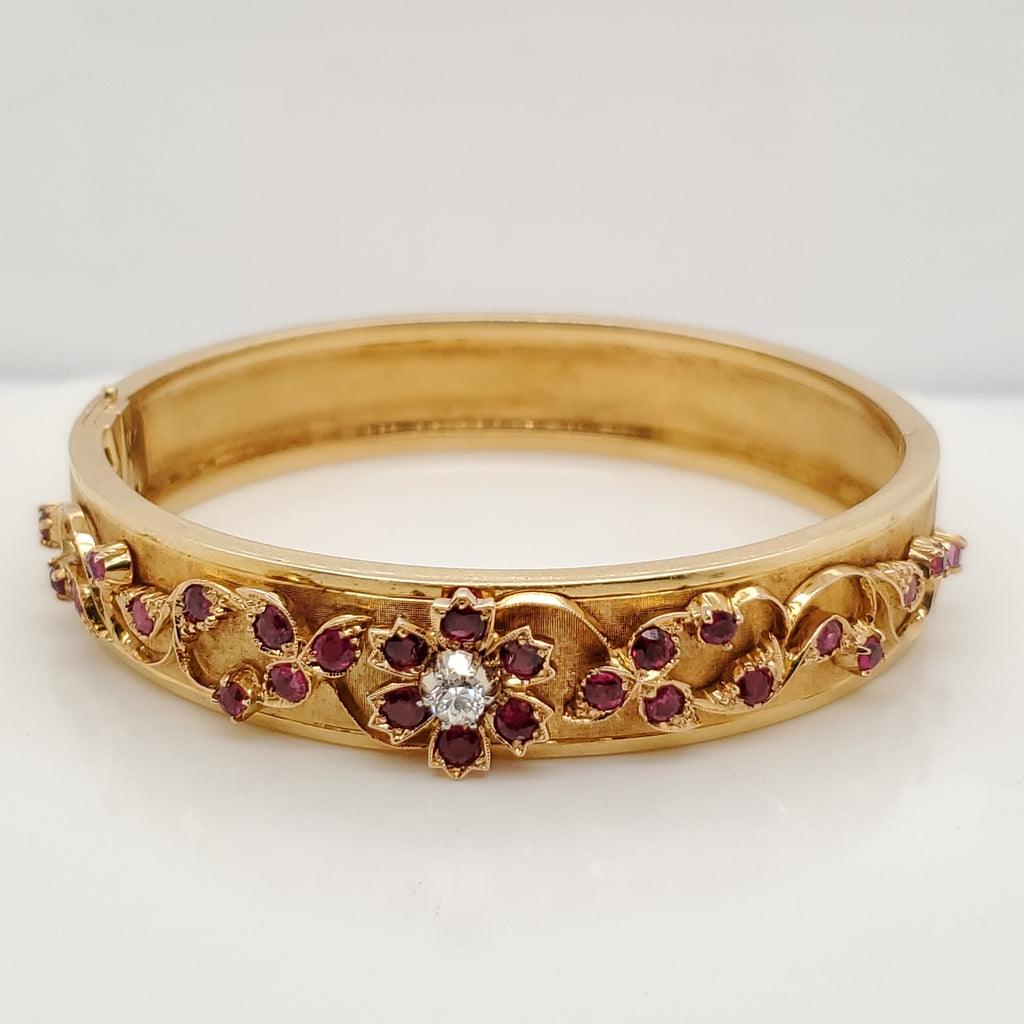 Vintage 18kt Yellow Gold Ruby and Diamond Bangle Bracelet