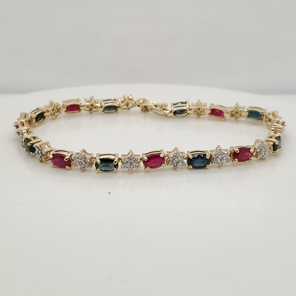 14Kt Yellow Gold Ruby Sapphire & Diamond Bracelet