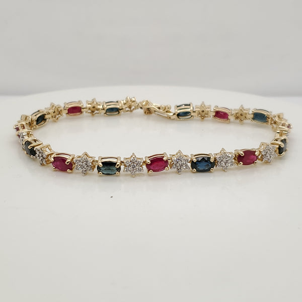 14Kt Yellow Gold Ruby Sapphire & Diamond Bracelet