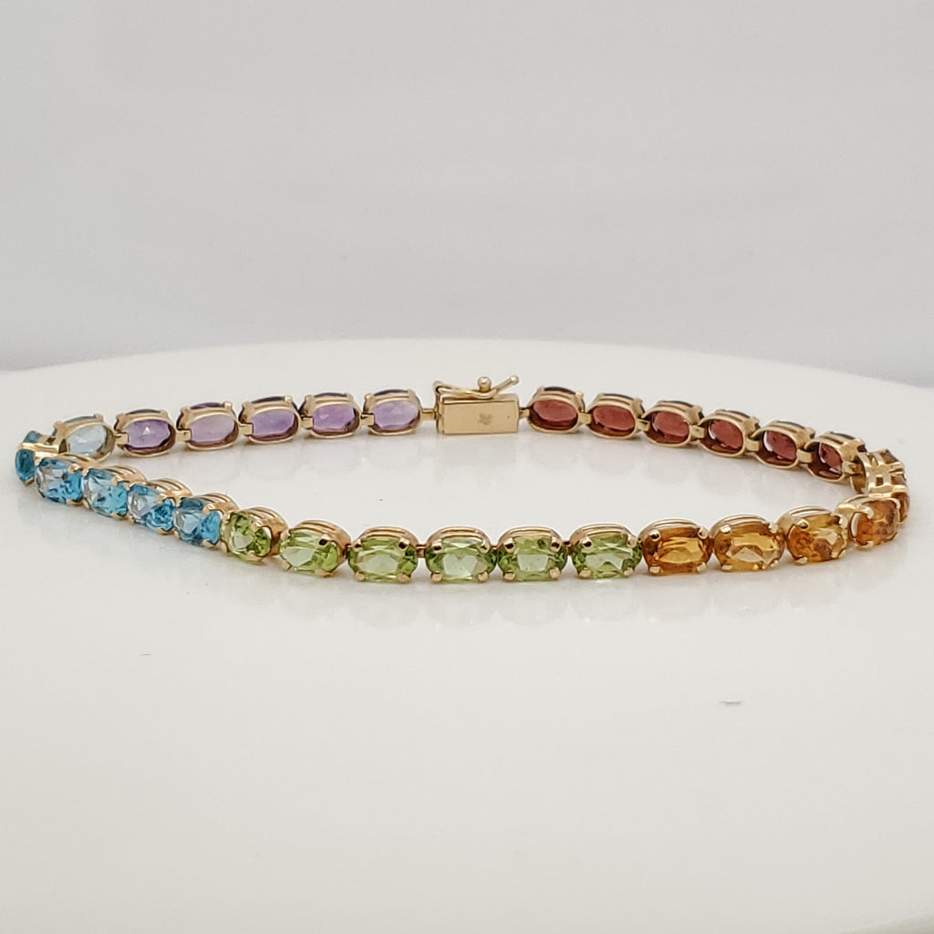 14kt Yellow Gold Rainbow Array Semi Precious Gem Stone Link Bracelet