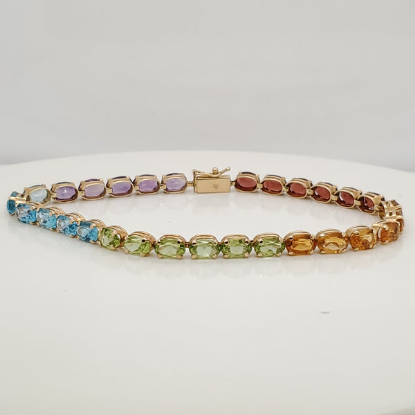 14kt Yellow Gold Rainbow Array Semi Precious Gem Stone Link Bracelet