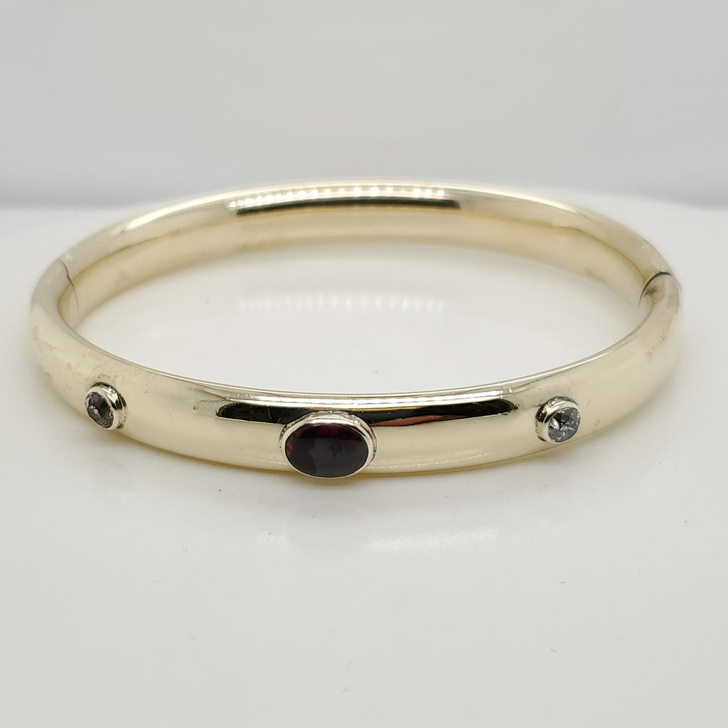 Vintage 14kt Yellow Gold Garnet and Diamond Bangle Bracelet