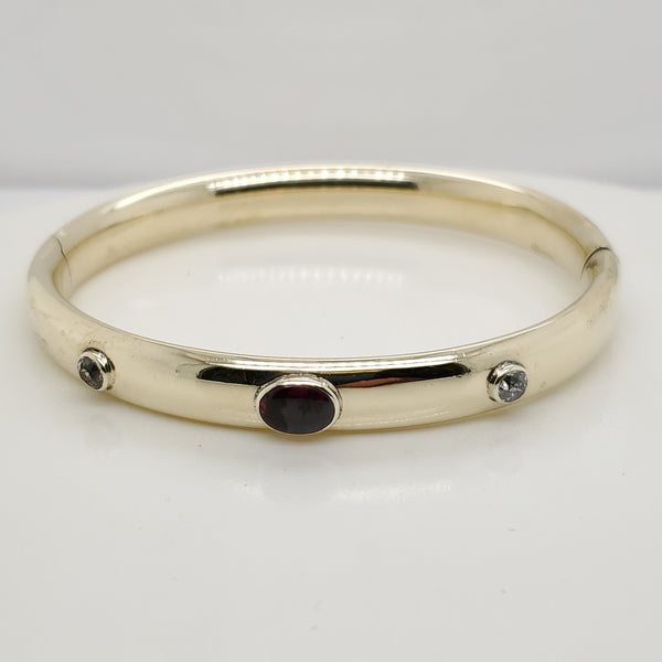 Vintage 14kt Yellow Gold Garnet and Diamond Bangle Bracelet