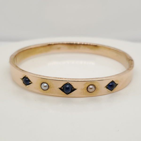 Vintage 14kt Yellow Gold Sapphire and Pearl Bangle Bracelet