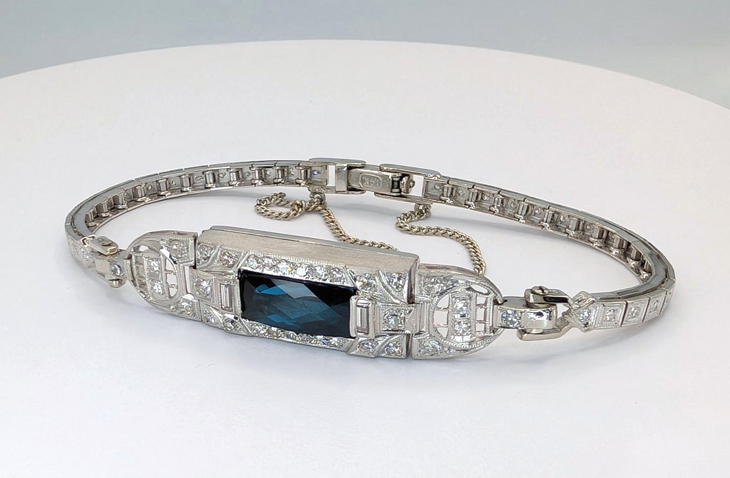 Art Deco Platinum Indicolite Tourmaline and Diamond Bracelet