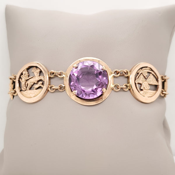 Vintage 14kt Rose Gold Egyptian Motif Bracelet with Synthetic Color Change Corundum