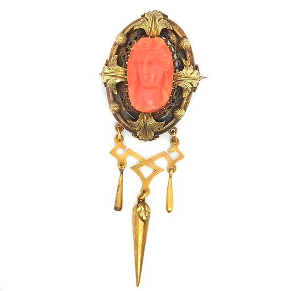 14Kt Antique Victorian Coral Cameo Brooch