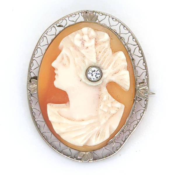 Estate 14Ktwg Carved Cameo With Diamond Earring