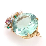 Vintage 14kt yellow gold aquamarine, pearl and gem stone brooch