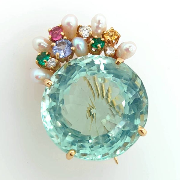 Vintage 14kt yellow gold aquamarine, pearl and gem stone brooch
