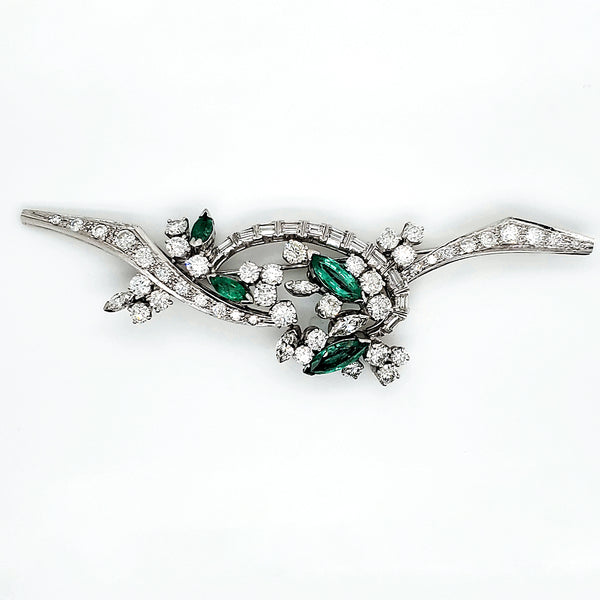 1950s mid-century platinum, emerald and diamond brooch