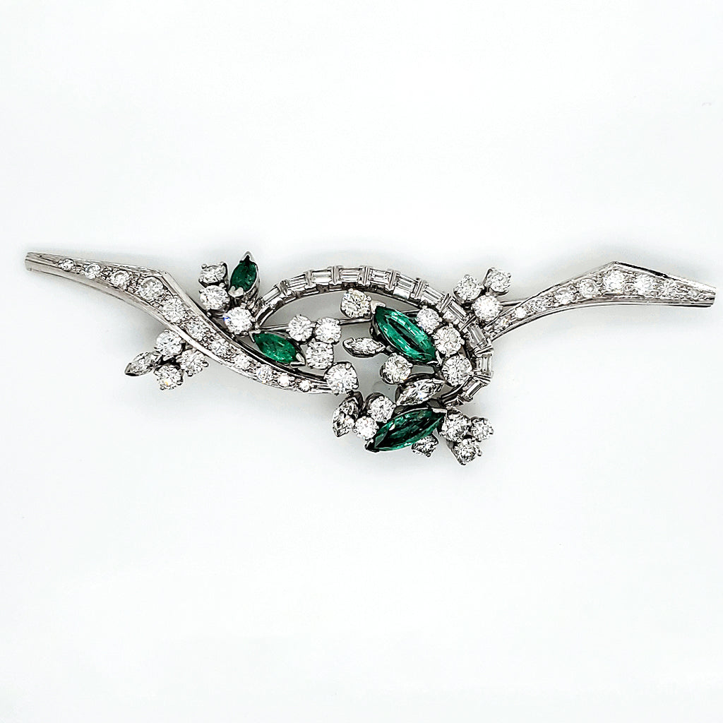 1950s mid-century platinum, emerald and diamond brooch