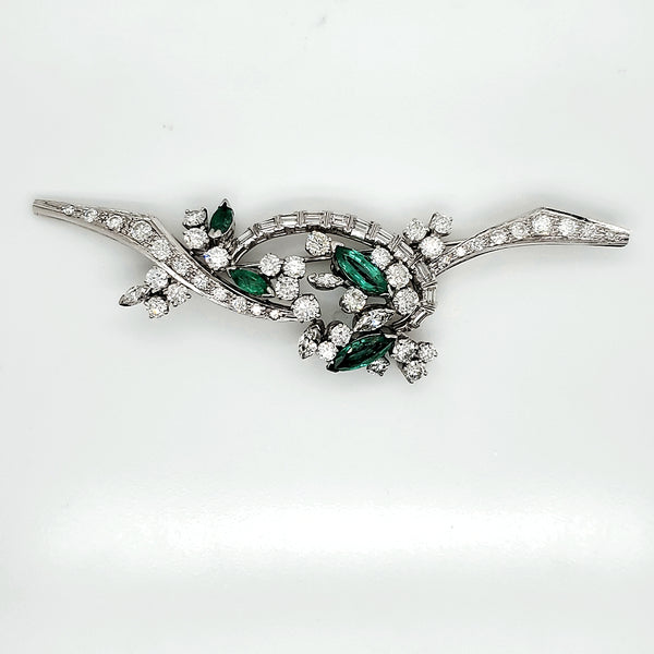 1950s mid-century platinum, emerald and diamond brooch