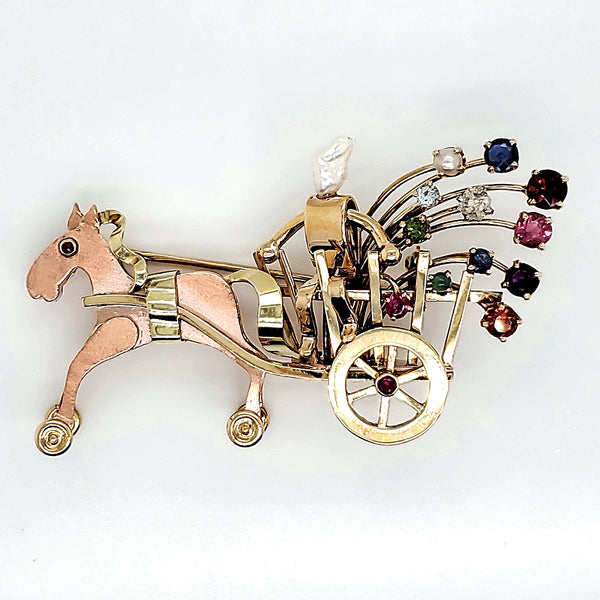 Neiman Marcus vintage 14 kt gold and gem stone horse and carriage brooch