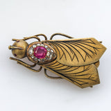 Antique Victorian 14kt yellow Gold Burmese Unheated Pink sapphire and Diamond Fly Brooch