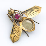 Antique Victorian 14kt yellow Gold Burmese Unheated Pink sapphire and Diamond Fly Brooch