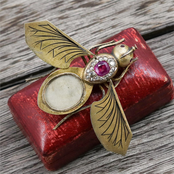 Antique Victorian 14kt yellow Gold Burmese Unheated Pink sapphire and Diamond Fly Brooch