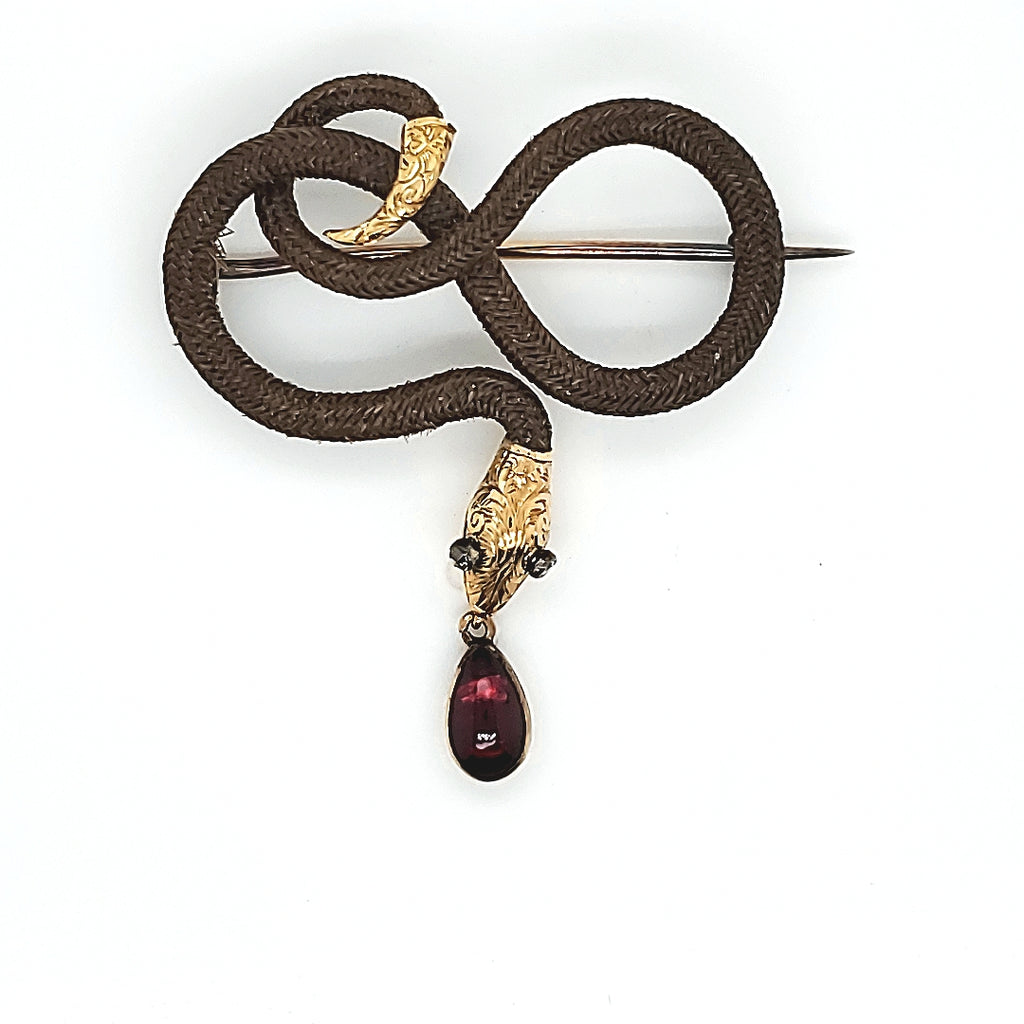 Antique Victorian 18kt yellow gold, diamond, and rubelite tourmaline memorial snake brooch
