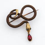 Antique Victorian 18kt yellow gold, diamond, and rubelite tourmaline memorial snake brooch