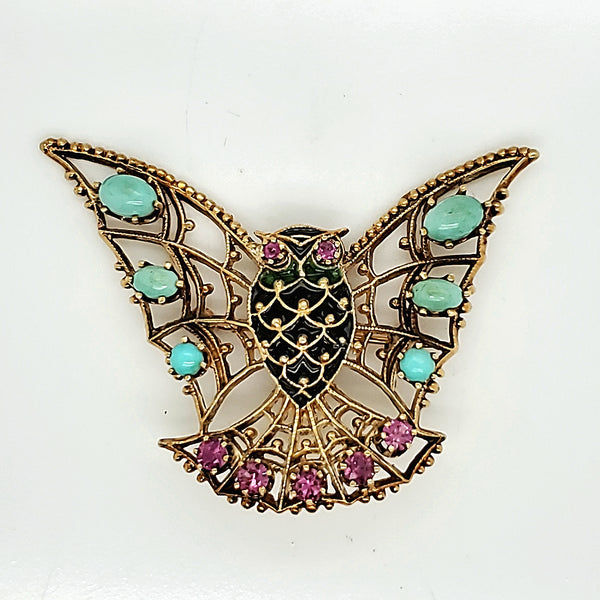 Vintage 14kt Yellow Gold Enamel Turquoise and Ruby Bat Brooch