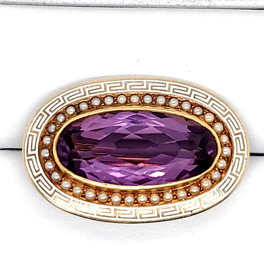 Art Deco Riker Brothers Amethyst Pearl and Enamel Brooch