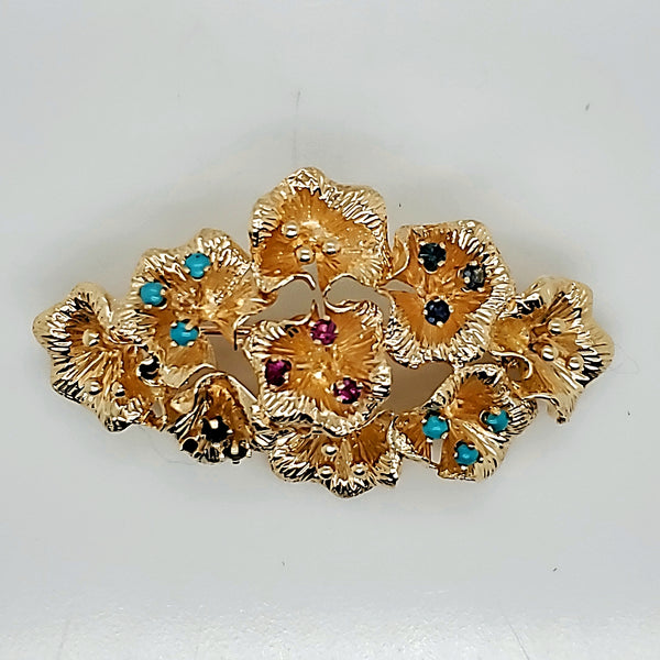 Vintage 14kt yellow Gold Gemstone Floral Brooch