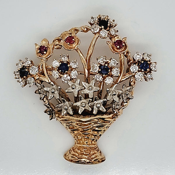 Vintage Mid-Century 14Kt Yellow Gold Diamond Sapphire  And Ruby Flower Basket Brooch