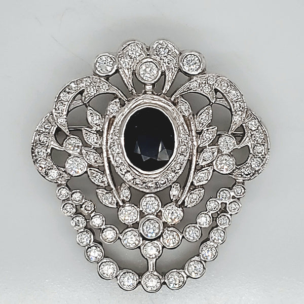 Modern 14kt White gold Edwardian Style Sapphire and Diamond Brooch/pendant